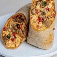 Bayside Breakfast Burrito · Three scrambled eggs, peppers, onions, sausage and salsa