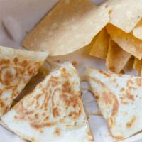 Kid'S Chicken Quesadilla · Chicken and cheese quesadilla. Served with tortilla chips, kid's beverage, and your choice o...