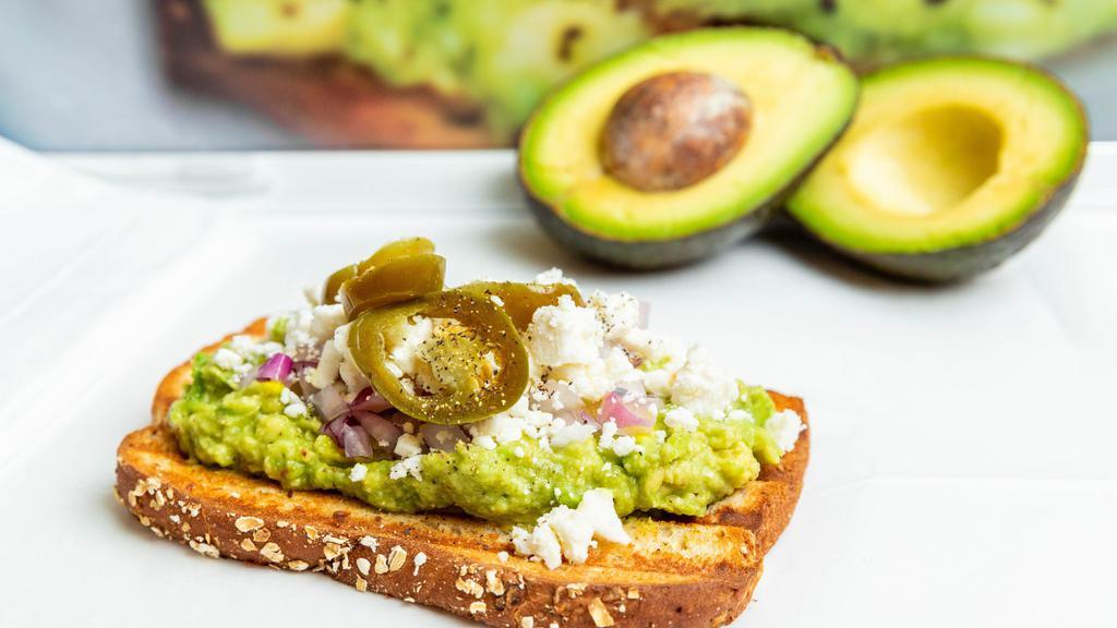 Mediterranean Toast · Avocado paste, feta cheese and red onions