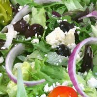 Greek Salad · Romaine lettuce with feta cheese, tomato, pickled peppers, black olives, red onion, and our ...