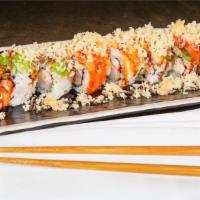 Super Crunch Roll · Roll filled with shrimp tempura and crabstick topped with slices of smoke salmon, avocado an...