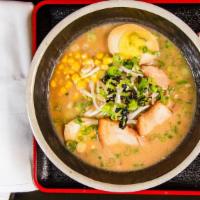 Tonkotsu Ramen · Pork Broth, Ramen Noodle garnished with Pork Chatsu, Corns, Scallions, Dried Seaweed & Bean ...