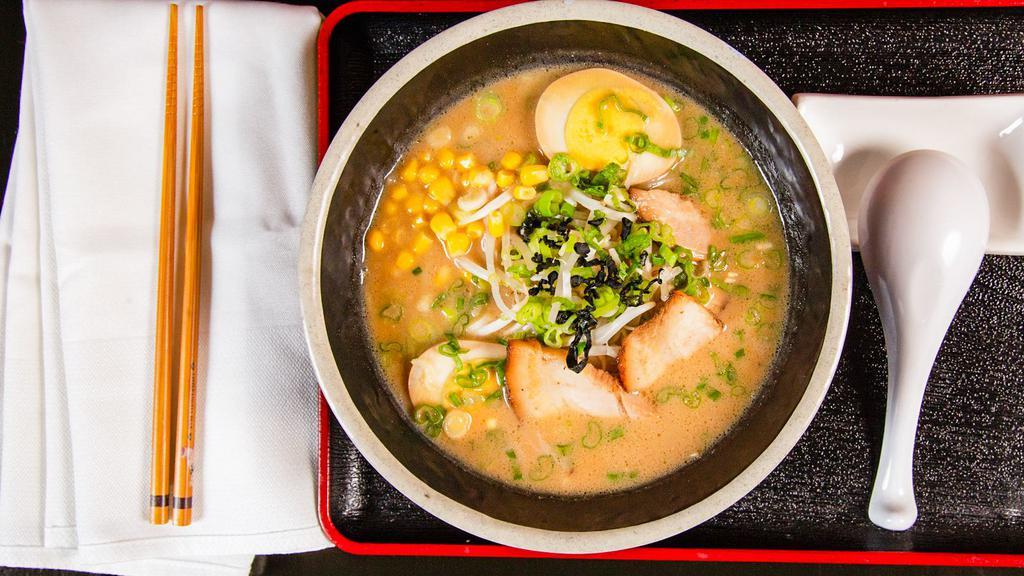 Tonkotsu Ramen · Pork Broth, Ramen Noodle garnished with Pork Chatsu, Corns, Scallions, Dried Seaweed & Bean Sprouts