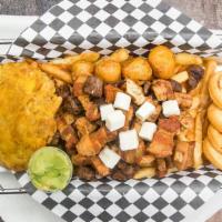 Super Picada Mixta Con Papas Fritas · Carne-pollo-chorizo-chicharron-patacon -guacamole. Steak, chicken, Colombian sausage, pork v...