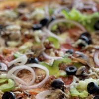 Veggie Pizza · Peppers, Onions, Black olives, mushrooms, tomatoes