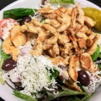 Grilled Chicken Salad · Organic spring mix, grilled chicken, cucumbers, red onions, tomatoes, pepperoncini, Kalamata...