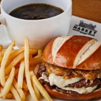 French Onion Soup Smashburger · Caramelized Onion, Gruyere Cheese on a Pretzel Bun and includes a shot of French Onion Soup
