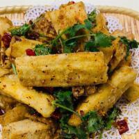 Dry Fried Eggplant · Sichuan spices, dried chili peppers, scallions & cilantro.