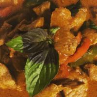 Panang Curry · Famous thai curry, sweet coconut milk, panang curry paste, ground peanut and kaffier lime le...