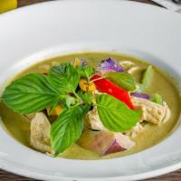 Green Curry · Green curry pastes with coconut milk, bell pepper, Thai egg plants, basil.
