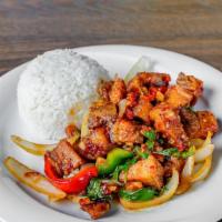Pad Chicharrons Gra-Pao · Crispy pork belly sautéed with basil, fresh chili, bell pepper and garlic over with rice.