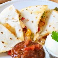 Chicken Quesadilla · Grilled chicken, onions, peppers and cheese. Served with sour cream and pico de gallo.