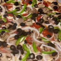House Pie · Pepperoni, sausage, green pepper, mushroom, onion, and black olives.