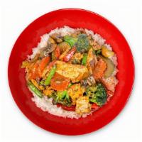 Veggie Stir-Fry - Rice Bowl · broccoli, carrot, string beans, red bell pepper, mushroom, zucchini, soy garlic sauce