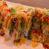 Spicy Dragon Roll · Inside: Shrimp tempura, avocado, & cucumber. Top: Spicy Tuna, avocado, sesame seeds, tempura...