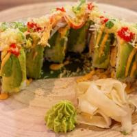 Sapporo Roll · Inside: Shrimp tempura, imitation crab, cucumber, & cream cheese. Outside: Avocado, sesame s...