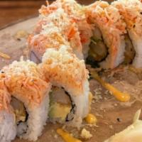 Osaka Roll · Inside: Shrimp tempura, imitation crab, cream cheese, & avocado. Top: spicy crab, spicy mayo...