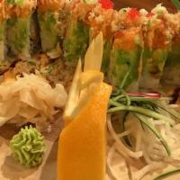 Green Dragon Roll · Inside: Shrimp tempura, salmon, cucumber, & asparagus. Top: Spicy salmon, avocado, sesame se...