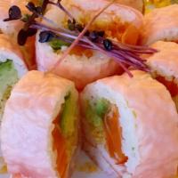 Samurai Roll · Inside: Tempura flake, salmon, crab meat, & avocado Wrapped in soy paper.