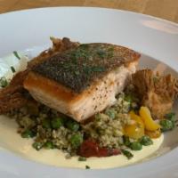 Scottish Salmon · white beans, roasted brussel sprouts, za'atar, citrus, endive
