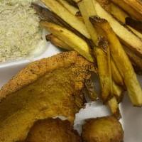 Fried Catfish Platter · Fries, slaw, and hush puppies.