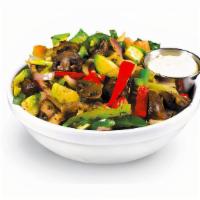 Veggies Bowl · VEGAN. Brussels sprouts and portobello mushrooms sautéed with bell peppers, onions, and our ...