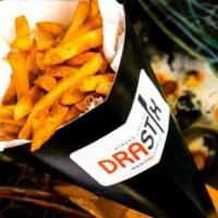 Drastix Fries · A hefty cone of perfect fries. And you can pick a sauce. Vegan. Contains Gluten