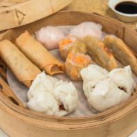 Dim Sum Sampler · Handmade daily in our kitchen two pieces of each steamed shrimp dumpling siumei barbeque por...