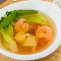 Special Wonton Soup · Handmade shrimp and pork wontons,shrimp,slices of chicken,bok choy,thin slices of carrots an...