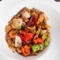 Spicy Chicken · Hot. Slices of chicken stir fried with chilli peppers,onions,and scallions.