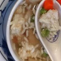 Sizzling Rice Soup (2) · Chicken broth with shrimp, chicken mushrooms, water chestnuts and golden rice crust.