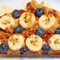 Peanut Butter Toast · Banana, blueberries, granola, clover honey on a Zak the baker multigrain bread. Vegan option...