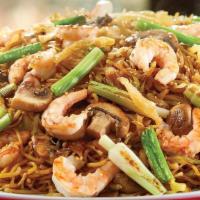 Yakisoba With Shrimp · Japanese sautéed noodles with shrimp and mixed vegetables in a special sauce and sprinkled w...