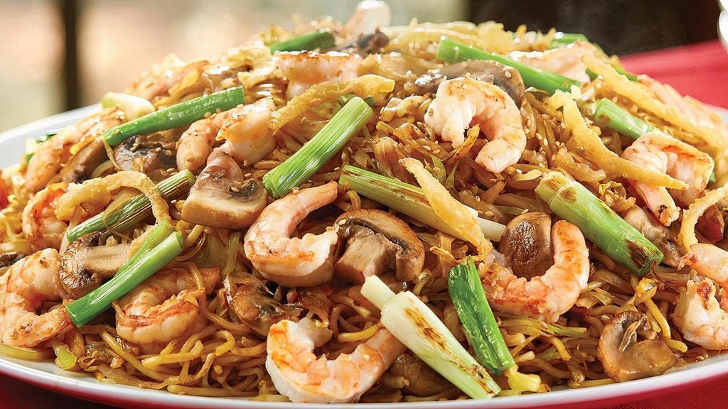Yakisoba With Shrimp · Japanese sautéed noodles with shrimp and mixed vegetables in a special sauce and sprinkled with sesame seeds.