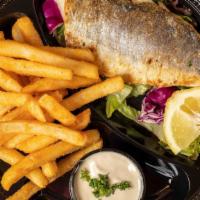 Branzino Whole Fish · Whole branzino fish grilled or fried fillet accompanied with rice and vegetables.