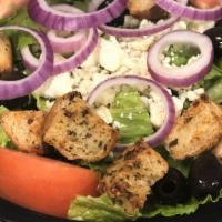 Gorgonzola Salad · Gorganzola cheese, Tomatoes, Black Olives, Red onions, Croutons, with Homemade Balsamic dres...