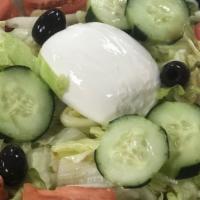 Burrata Cheese Salad · Whole Ball of Burrata Cheese, Tomatoes, Cucumbers, Black olives with Balsamic dressing the s...