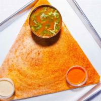 Mysore Masala Dosa · Rice crepe with layer of hot chutney filled with potatoes and onions.