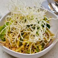 East To West Chicken Salad · satay sauce, white cabbage, sesame seeds, crispy white noodles.