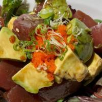 Ahi Poki Tuna · Fresh Tuna  Chunks with Avocado, Scallions, Masago and Chili oil, Soy Vinaigrette