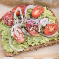 Ps Avocado Toast · Vegan. Fresh mashed avocado, sliced grape tomatoes, fresh lime-cilantro-olive oil sauce and ...