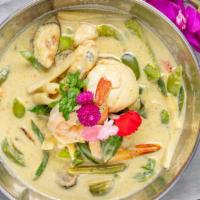 Green Curry/Chicken · Gluten free. Spicy green coconut curry with bamboo shoots, basil leaves, Thai eggplant, bell...