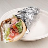 Super Gyro · Gyro, tzatziki, red onions, tomatoes, lettuce, shrooms, and Provolone.
