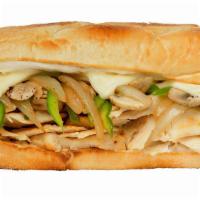 Chicken Philly & Fries · chicken, white american, onions, peppers, mushrooms, & choice of honey mustard or ranch, ser...