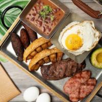 Bandeja Paisa · Traditional Colombian dish served in our own style: 8oz Picanha Steak, Crispy Pork Belly, Ch...