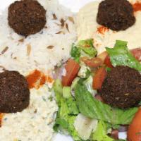Falafel Plate · Falafel served with babaganoush, hummus, house salad and rice.