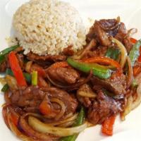 Mongolian Chicken/ Beef · Spicy. Marinated, sliced and sauteed with ginger scallion, onion & bell peppers with chef's ...