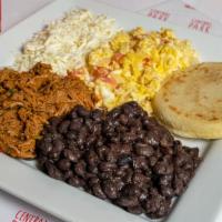 Criollo · Arepa, shredded beef, eggs, white cheese and black beans.