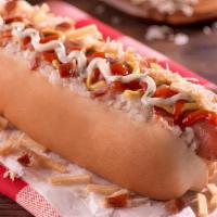 Tocidoggy Hot Dog · Bacon, cheese, cabbage, onion, potato sticks, mustard, ketchup, and engy sauce.