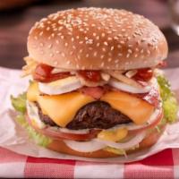 Central Park Max Burger · Ham, cheese, fried or boiled egg, and bacon. Lettuce, onion, tomatoes, potato sticks, mustar...
